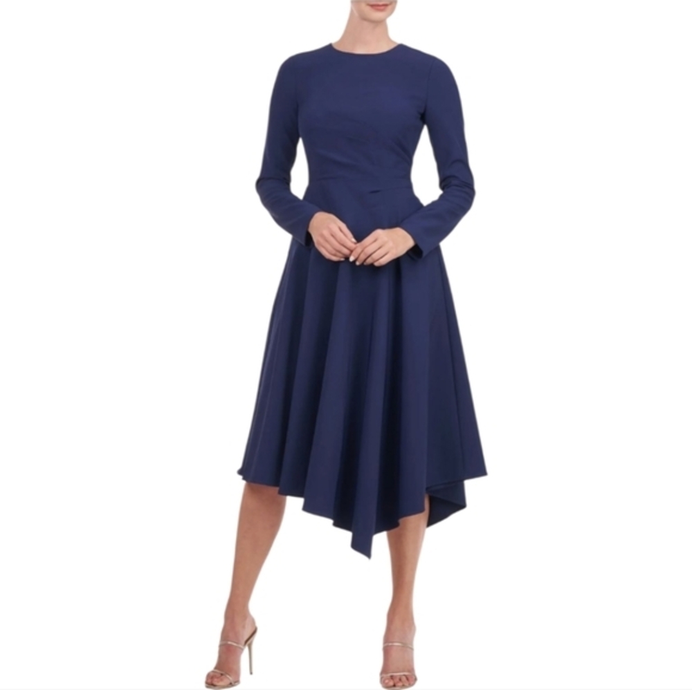 Kay Unger Ula Long Sleeve Midi Elegant Navy Blue Women's Dress Size 4 New Modest